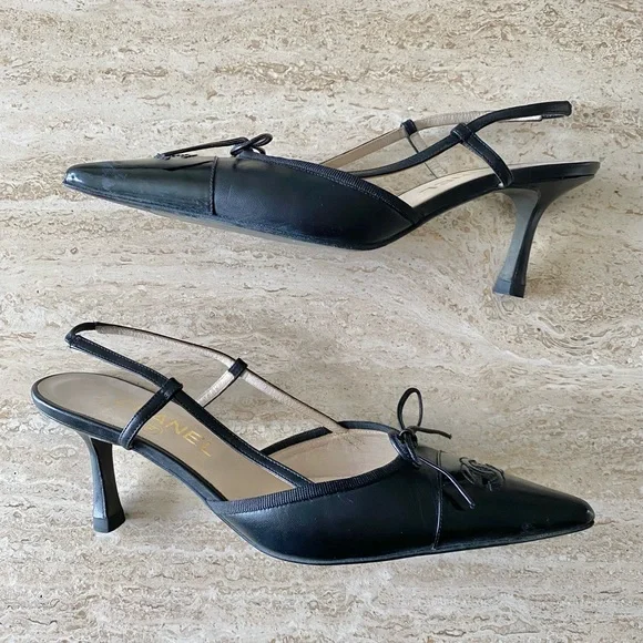 Vintage Chanel CC Bow Cap Toe Slingback Heels - Picture 5 of 11